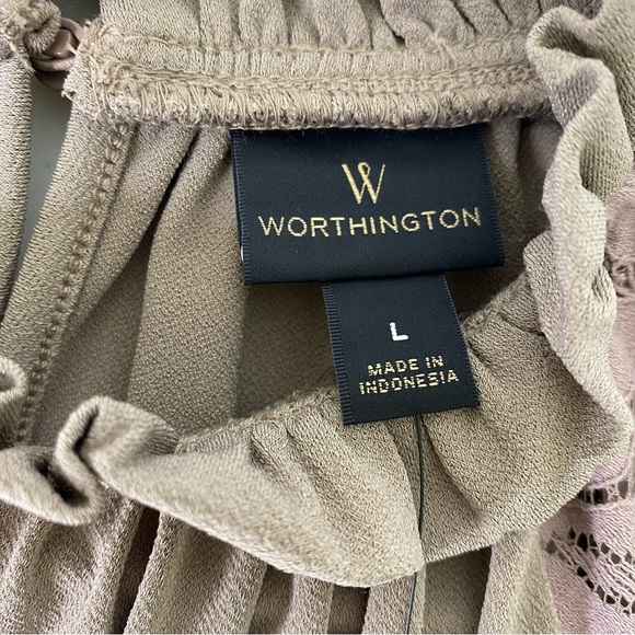 Worthington Lace Cap Sleeve Ruffled Blouse Mushroom Taupe Size L NWT - Picture 6 of 7